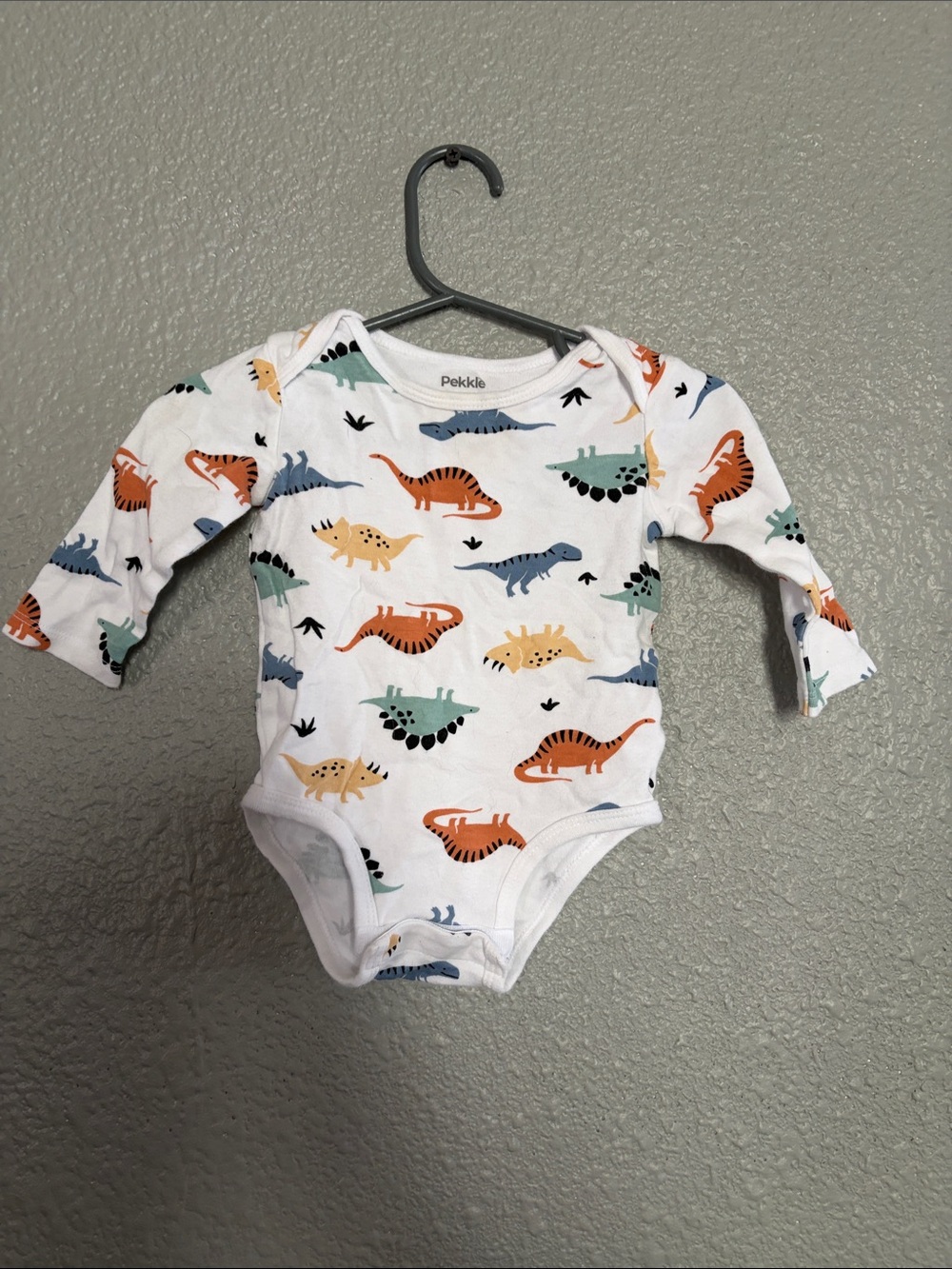 White Long-Sleeve Dinosaur Print One-Piece